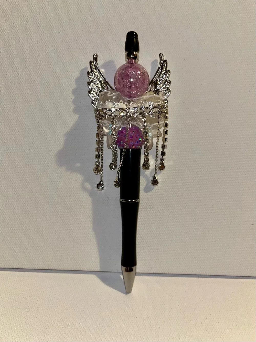 Decorative Angel Wing Ballpoint Pen w/Purple & White Crystal Accents